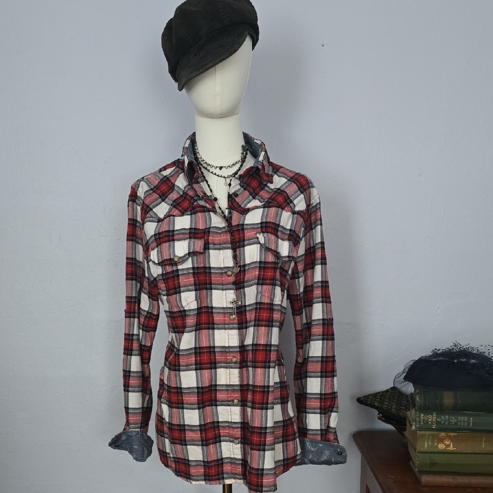 Red Plaid Snap Front Western Style Flannel Shirt